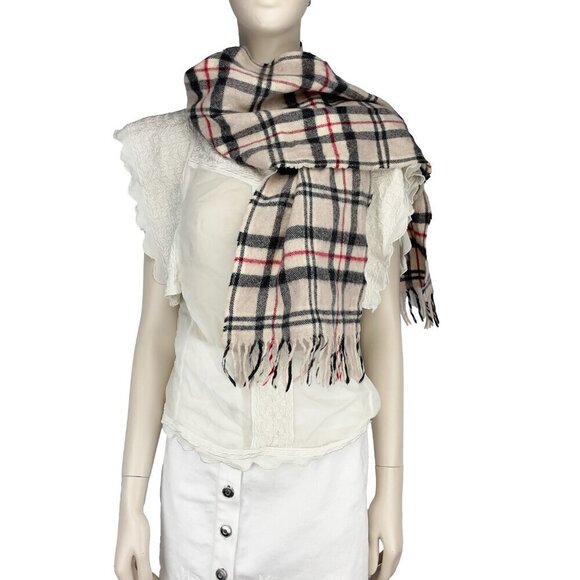 JOHN HANLY Ireland  100% Extra-Fine Merino Wool Checked PinkBeige Grey Red Scarf - Picture 1 of 3